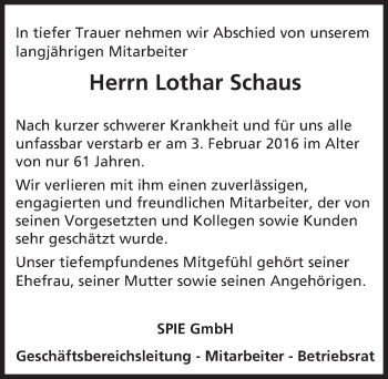Traueranzeige von Lothar Schaus von  Allgemeine Zeitung Mainz