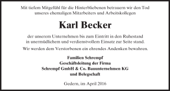 Traueranzeige von Karl Becker von  Kreisanzeiger