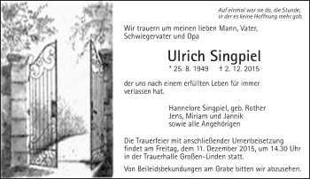 Traueranzeige von Ulrich Singpiel von  Gießener Anzeiger