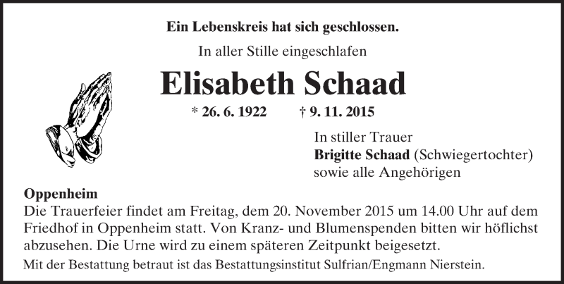  Traueranzeige für Elisabeth Schaad vom 17.11.2015 aus  Landskrone
