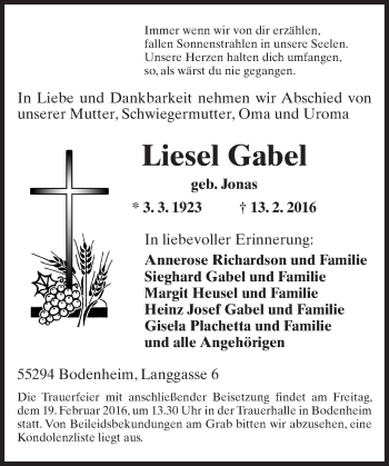 Traueranzeige von Liesel Gabel von  Allgemeine Zeitung Mainz
