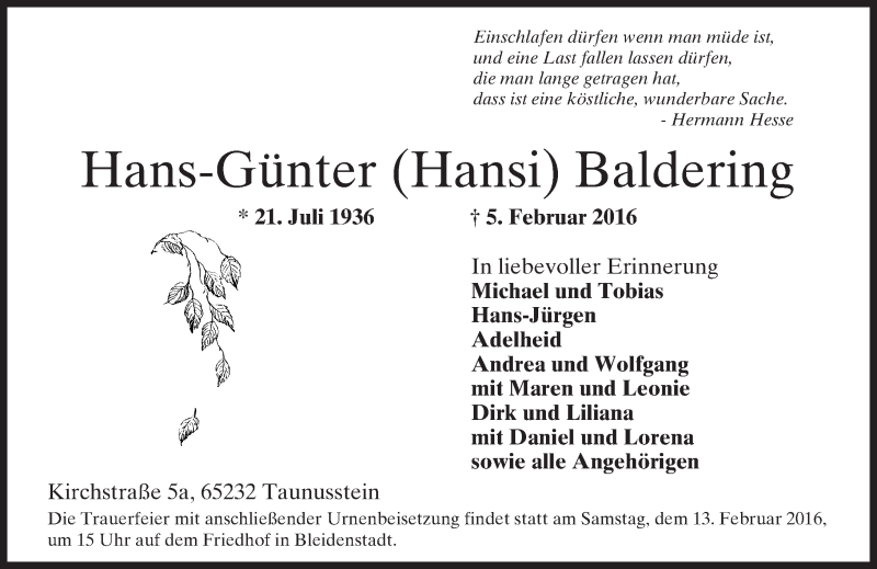  Traueranzeige für Hans-Günter Baldering vom 10.02.2016 aus  Wiesbaden komplett