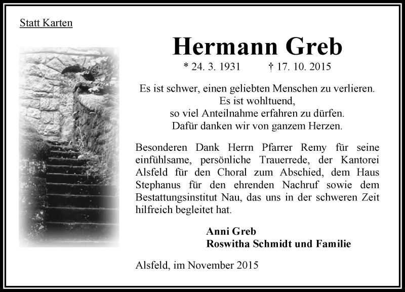  Traueranzeige für Hermann Greb vom 28.11.2015 aus  OK Oberhessen Kurier
