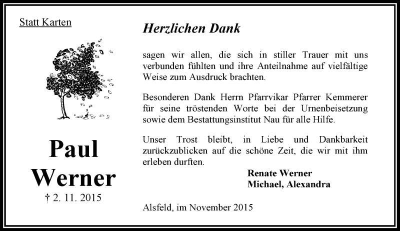 Traueranzeige für Paul Werner vom 21.11.2015 aus VRM Trauer
