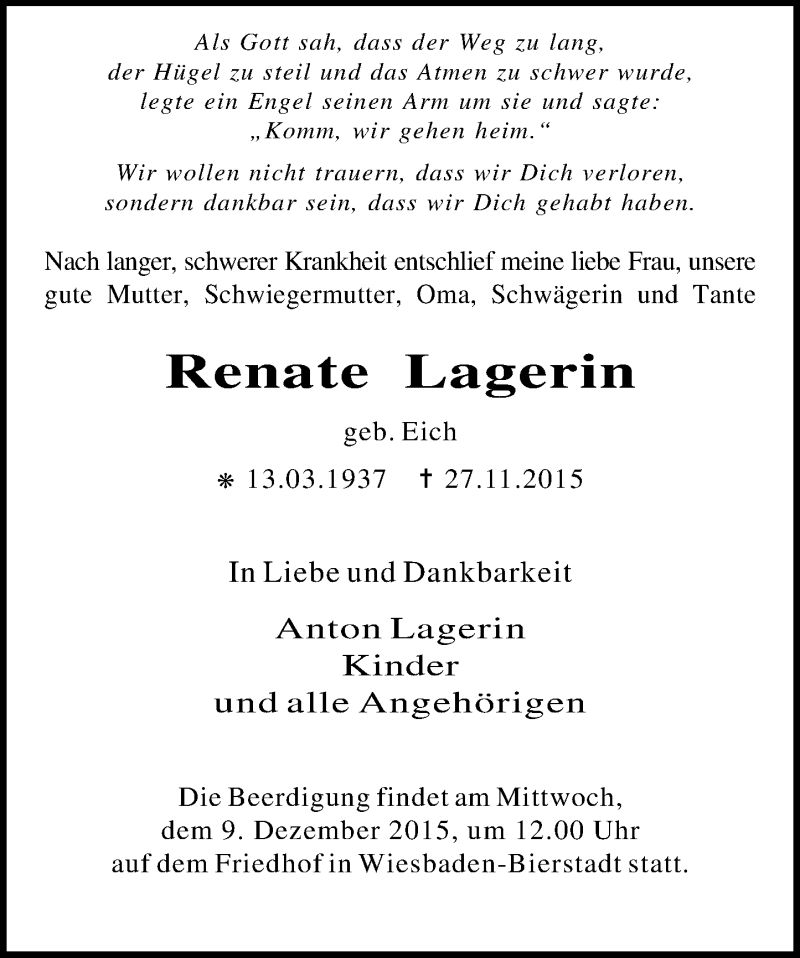  Traueranzeige für Renate Lagerin vom 05.12.2015 aus  Wiesbaden komplett