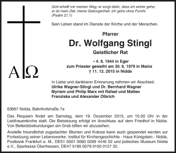 Traueranzeige von Wolfgang G. Stingl von  Allgemeine Zeitung Mainz