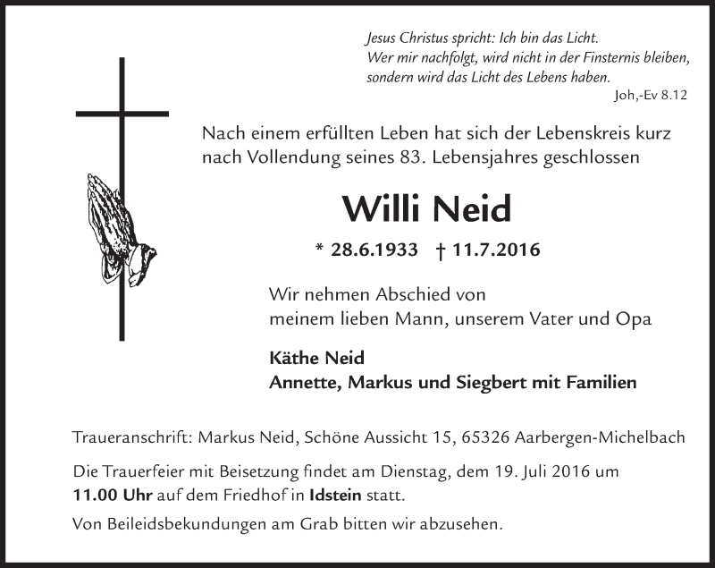  Traueranzeige für Willi Neid vom 16.07.2016 aus Trauerportal Rhein Main Presse