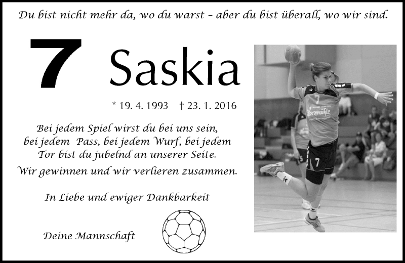  Traueranzeige für Saskia Schnarr vom 30.01.2016 aus  Kreisanzeiger