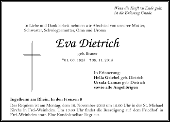 Traueranzeige von Eva Dietrich von  Allgemeine  Zeitung Ingelheim-Bingen