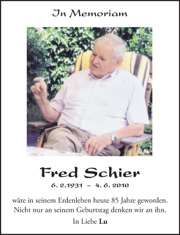 Traueranzeige von Fred Schier von  Allgemeine Zeitung Mainz