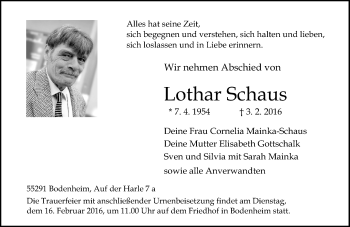 Traueranzeige von Lothar Schaus von  Allgemeine Zeitung Mainz