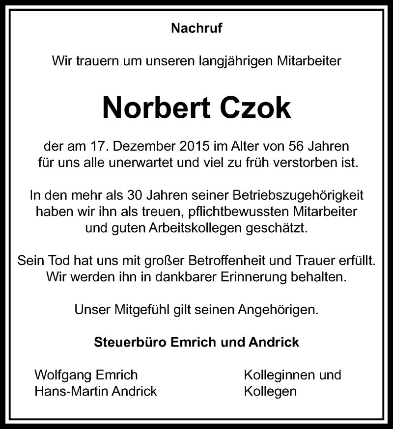  Traueranzeige für Norbert Czok vom 24.12.2015 aus  Usinger Anzeiger