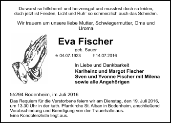 Traueranzeige von Eva Fischer von Trauerportal Rhein Main Presse