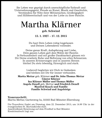 Traueranzeige von Martha Klärner von  Allg. Zeitung Bad Kreuznach