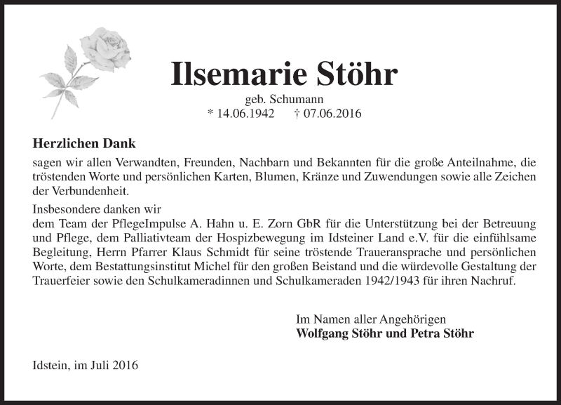  Traueranzeige für Ilsemarie Stöhr vom 09.07.2016 aus Trauerportal Rhein Main Presse