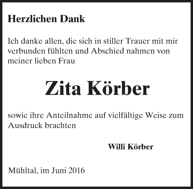  Traueranzeige für Zita Körber vom 02.07.2016 aus Trauerportal Echo Online