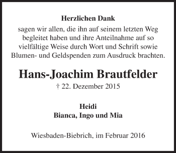 Traueranzeige von Hans-Joachim Brautfelder von  Wiesbaden komplett