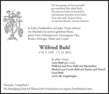 Traueranzeige von Wilfried Buhl von  Landskrone