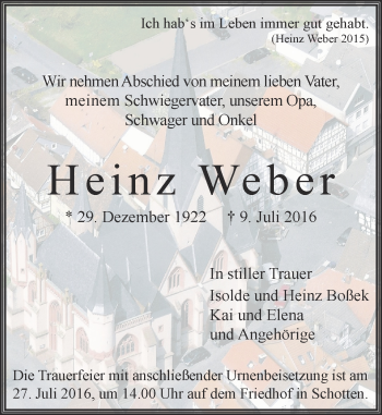 Traueranzeige von Heinz Weber von  Kreisanzeiger