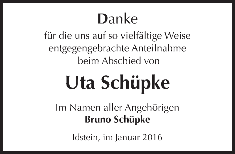  Traueranzeige für Uta Schüpke vom 09.01.2016 aus  Idsteiner Zeitung