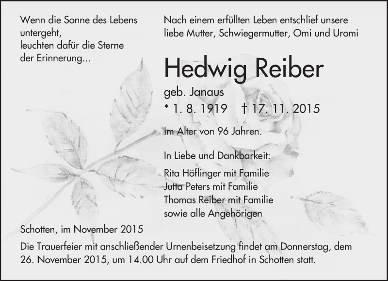  Traueranzeige für Hedwig Reiber vom 21.11.2015 aus  Sonntags Anzeiger