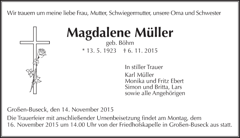  Traueranzeige für Magdalene Müller vom 14.11.2015 aus  Gießener Anzeiger