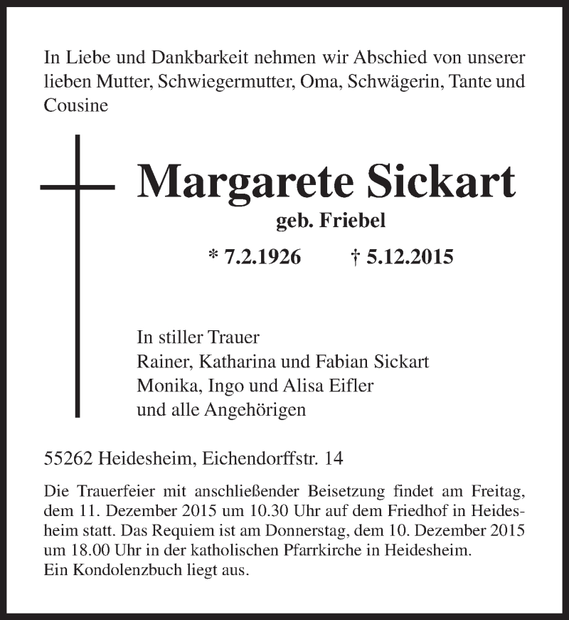  Traueranzeige für Margarete Sickart vom 08.12.2015 aus  Allgemeine Zeitung Mainz