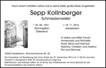 Traueranzeige von Sepp Kollnberger von  Allgemeine  Zeitung Ingelheim-Bingen