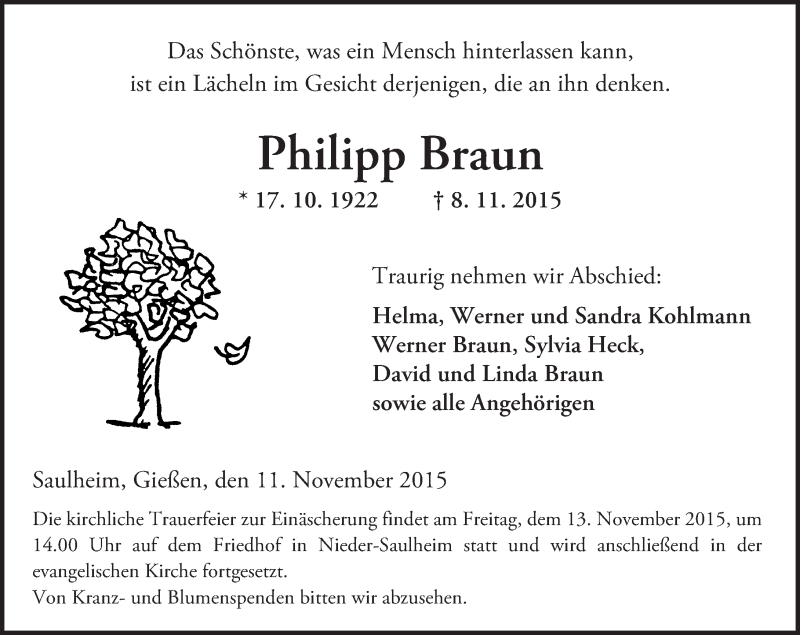  Traueranzeige für Philipp Braun vom 11.11.2015 aus  Allgemeine Zeitung Alzey