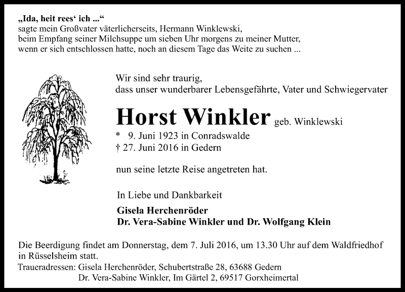  Traueranzeige für Horst Winkler vom 02.07.2016 aus Trauerportal Rhein Main Presse