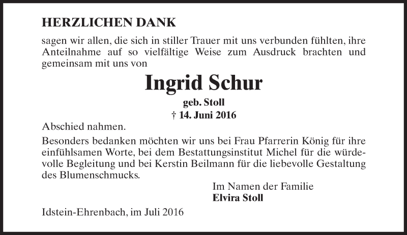  Traueranzeige für Ingrid Schur vom 02.07.2016 aus Trauerportal Rhein Main Presse