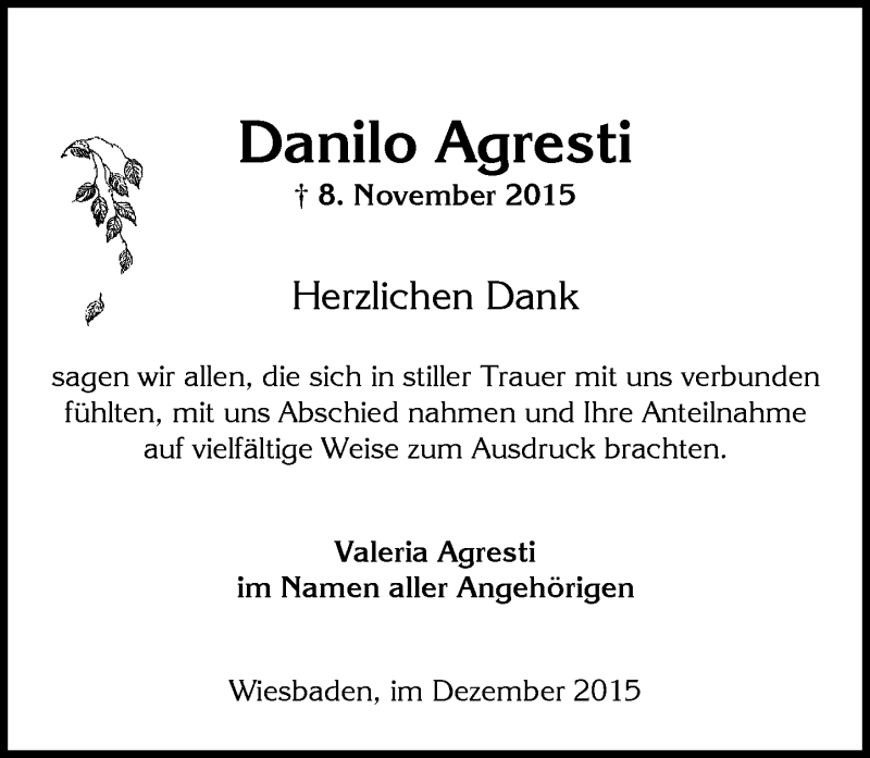  Traueranzeige für Danilo Agresti vom 12.12.2015 aus  Wiesbaden komplett