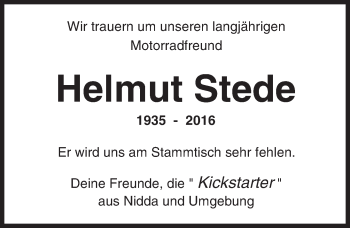 Traueranzeige von Helmut Stede von  Kreisanzeiger