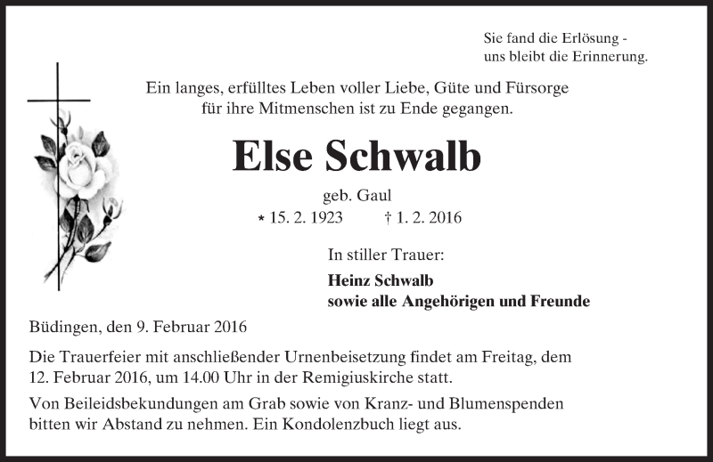  Traueranzeige für Else Schwalb vom 09.02.2016 aus  Kreisanzeiger