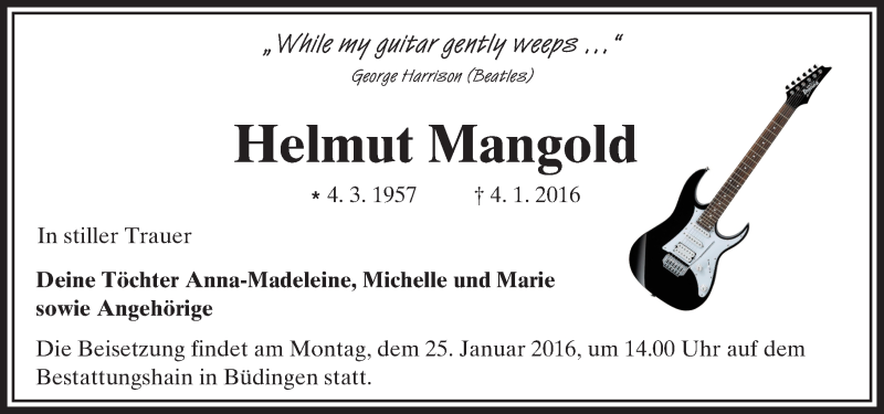  Traueranzeige für Helmut Mangold vom 23.01.2016 aus  Kreisanzeiger