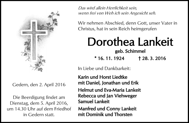  Traueranzeige für Dorothea Lankeit vom 02.04.2016 aus  Kreisanzeiger