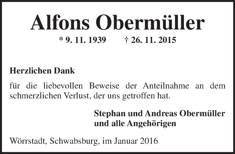  Traueranzeige für Alfons Obermüller vom 02.01.2016 aus  Allgemeine Zeitung Mainz