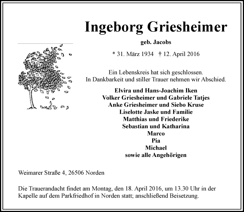  Traueranzeige für Ingeborg Griesheimer vom 15.04.2016 aus  Wormser Zeitung