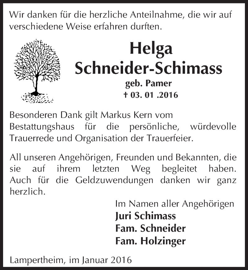  Traueranzeige für Helga Schneider-Schimass vom 23.01.2016 aus  Bürstädter Zeitung