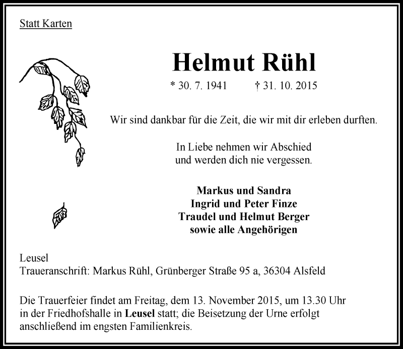  Traueranzeige für Helmut Rühl vom 11.11.2015 aus VRM Trauer