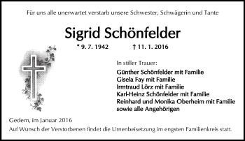 Traueranzeige von Sigrid Schönfelder von  Kreisanzeiger