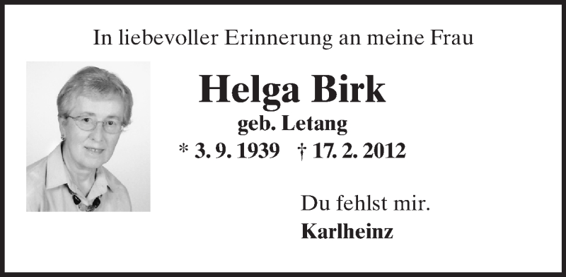  Traueranzeige für Helga Birk vom 20.02.2016 aus  Wiesbaden komplett