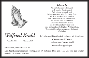 Traueranzeige von Wilfried Krahl von  Kreisanzeiger