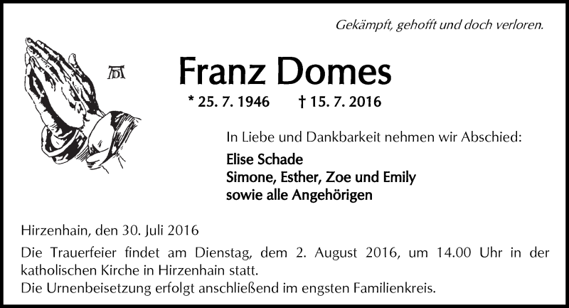  Traueranzeige für Franz Domes vom 30.07.2016 aus  Kreisanzeiger