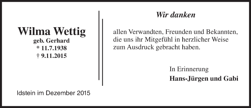  Traueranzeige für Wilma Wettig vom 05.12.2015 aus  Idsteiner Zeitung