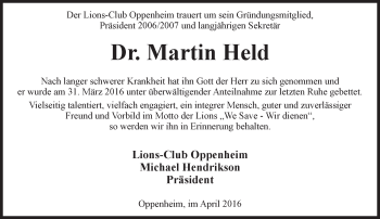 Traueranzeige von Martin Held von  Allgemeine Zeitung Mainz