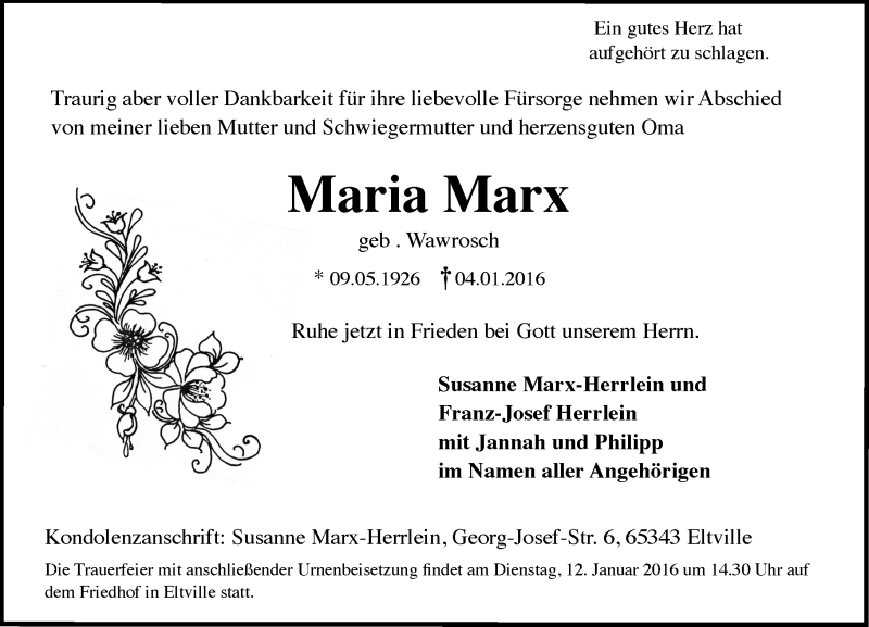  Traueranzeige für Maria Marx vom 09.01.2016 aus  Rheingau