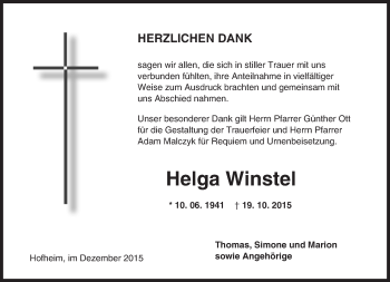 Traueranzeige von Helga Winstel von  Bürstädter Zeitung