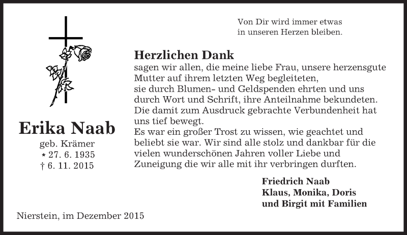  Traueranzeige für Erika Naab vom 12.12.2015 aus  Landskrone