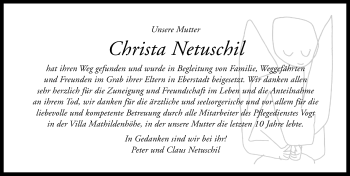 Traueranzeige von Christa Netuschil von Trauerportal Echo Online